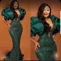 hunter green prom dresses with puff sleeves bead sequined mermaid evening dress plus size aso ebi party gowns for african women