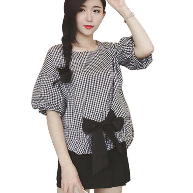

Summer Half Sleeve O Neck Ladies Tops Fashion Plaid Blouse Women Shirt Casual Women blusas Wholesale W2