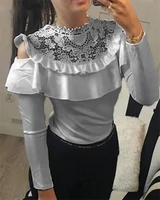 fashion women casual top ruffled cold shoulder crochet lace long sleeve blouse