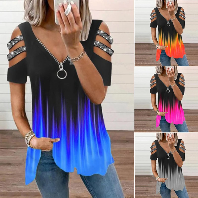 

Летняя, модная, с v-образным вырезом, пуловер на молнии повседневные футболки с принтом с коротким рукавом, футболка для женщин Топ Винтаж вы...