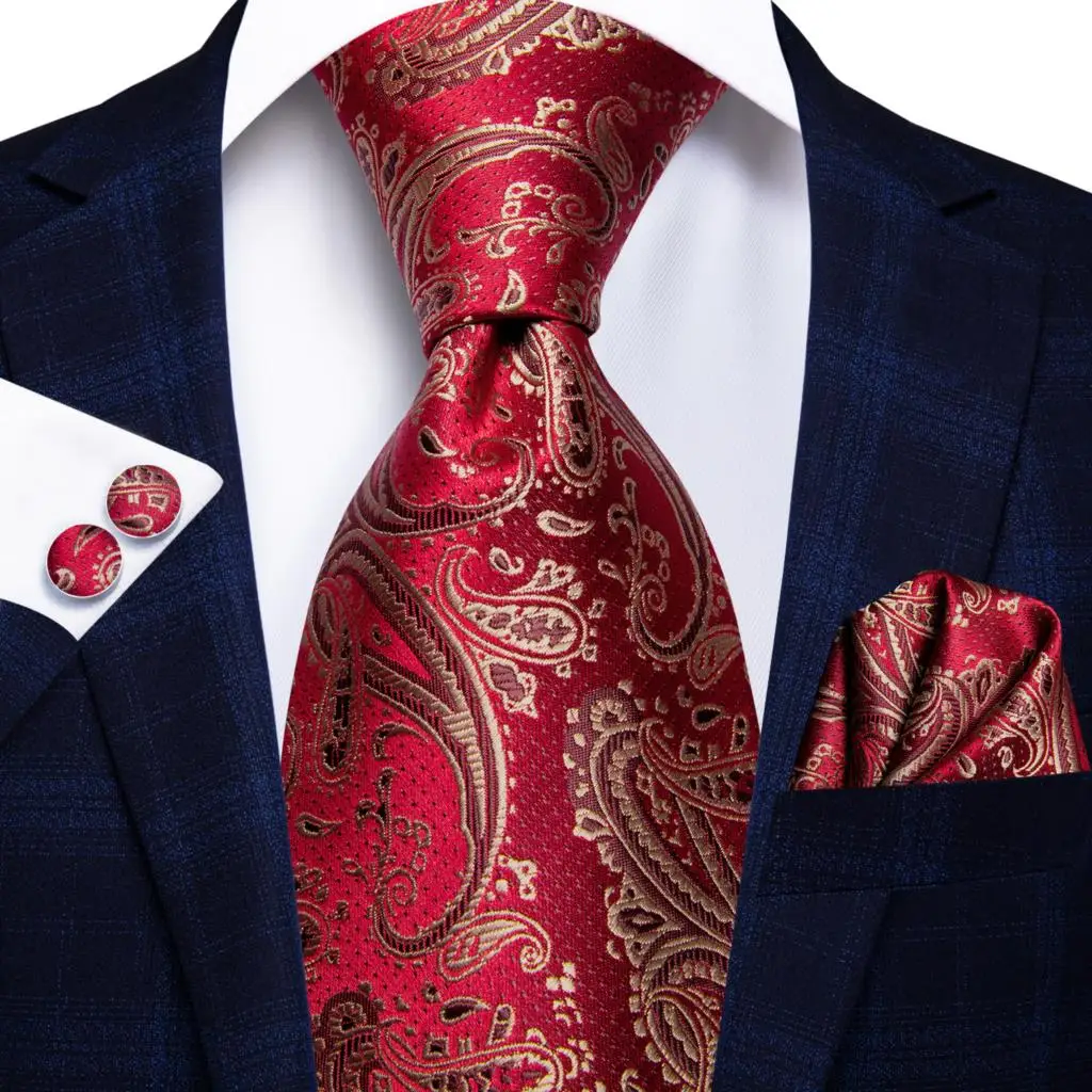 

Red Burgundy Paisley Silk Wedding Tie For Men Handky Cufflink Gift Men Necktie Set Fashion Design Business Party Dropship Hi-Tie