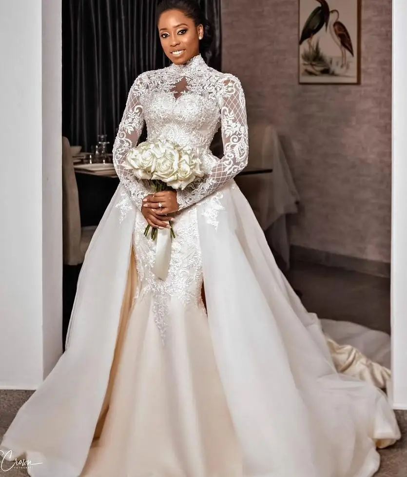 

Mermaid Wedding Dresses 2022 with Overskirt Bridal Gown High Neck African Plus Size Long Sleeves Lace Applique Custom Made\
