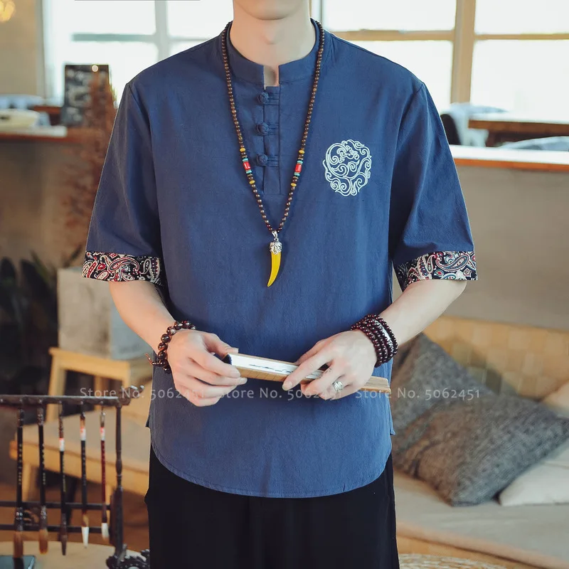 

Мужская летняя футболка Hanfu с коротким рукавом в китайском стиле, 5 цветов, форма для Тай Чи, топы, карнавальные вечерние костюмы для представ...
