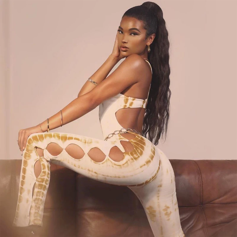 

Cutubly Sleeveless Club Jumpauits Cut Out Sexy Jumpsuit Summer Women Fashion Streetwear Backless Print Romper Stretchy