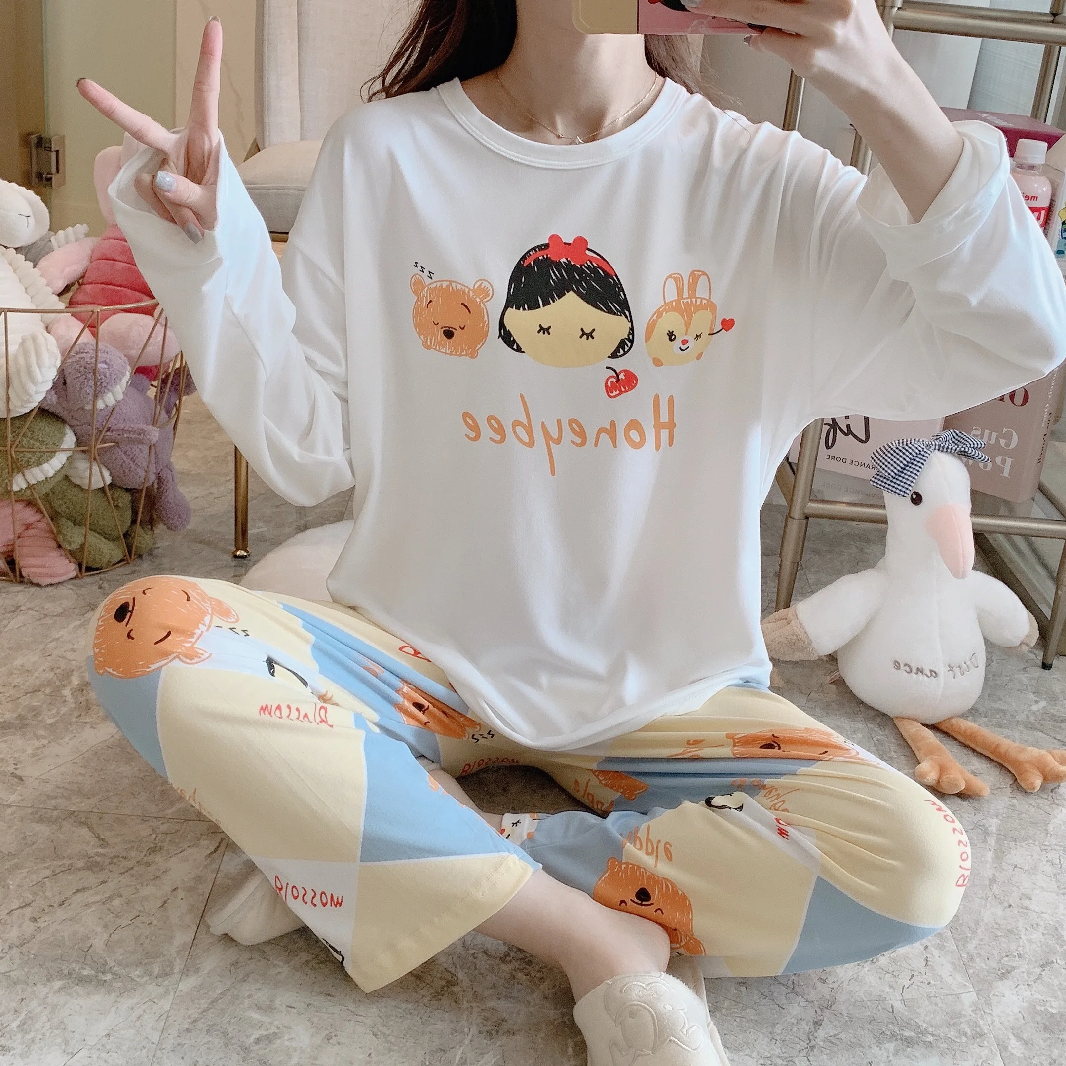 Новинка 2020 Женская пижама с длинным рукавом повседневная одежда принтом женская