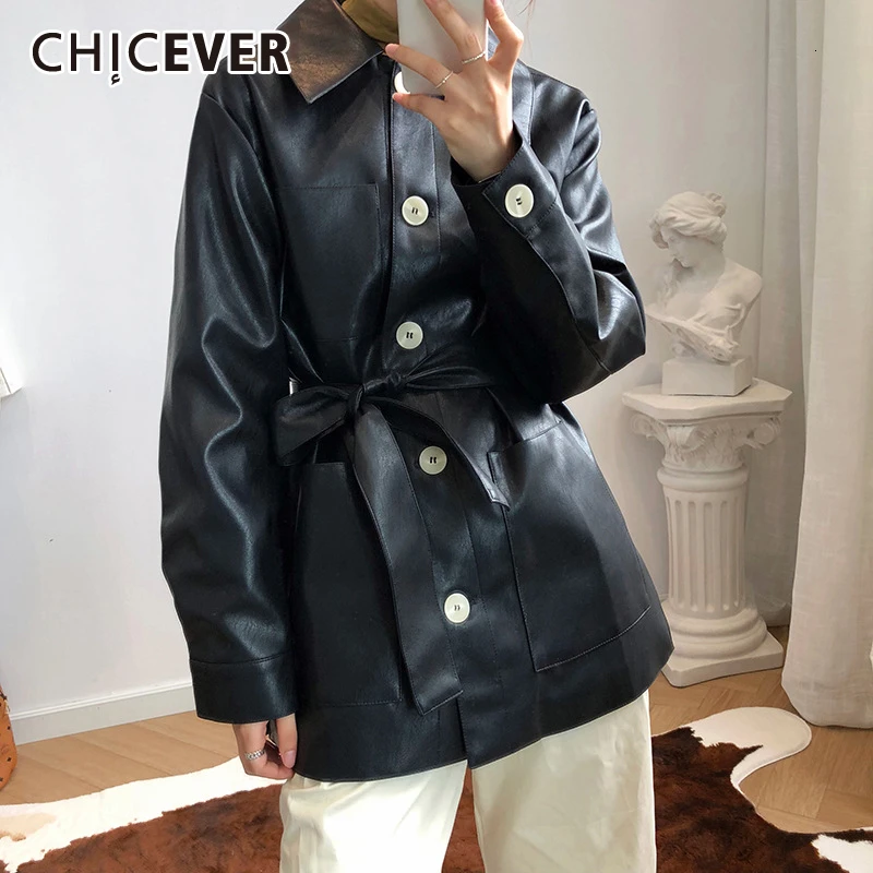 CHICEVER/Женская куртка из искусственной кожи со шнуровкой воротник с отворотами