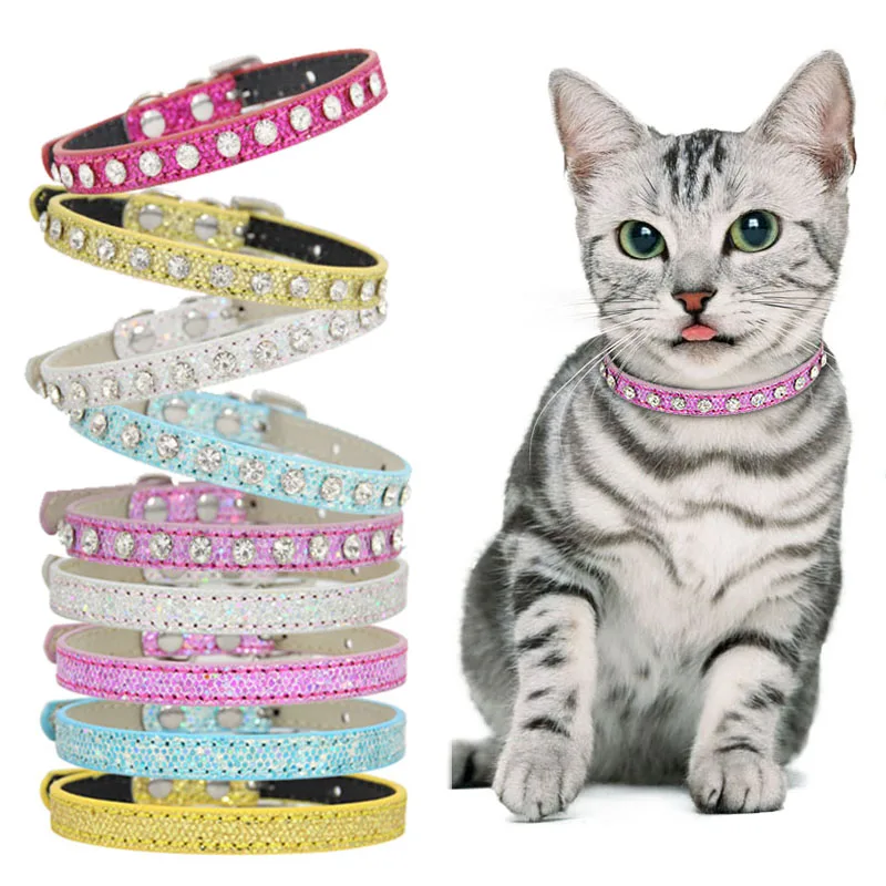 

Fashion Super Shining Diamond Rhinestone Cat Collar Puppy Dog Collar Leather Strap Kitten Accessories Adjustable Puppy Collar