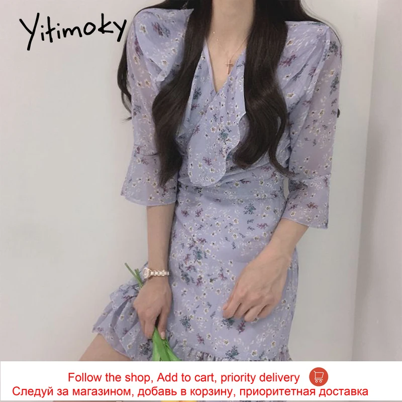 

Yitimoky Vintage Woman Dress Lace Up Patchwork Ruffle Summer Fashion Elegant Floral Printing Irregularity Short Sleeve Dresses