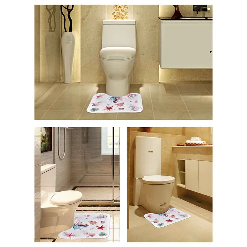U-Shaped Bath Mat Polyester Absorbent Anti-Slip Anti-Bacterial Modern Rug Bathroom Cartoon Ocean Commode Carpet For Home | Дом и сад