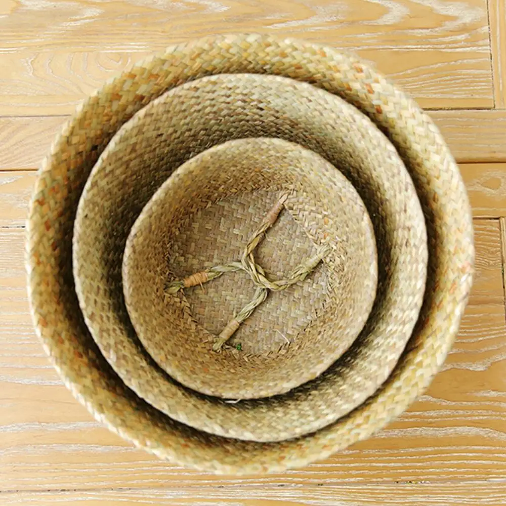 

Household Storage Foldable Natural Seagrass Woven Storage Basket Pot Garden Flower Vase Hanging Wicker Basket Bellied Basket