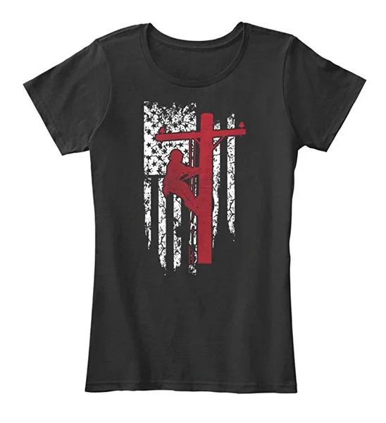 

men's cotton T-shirt Women's Lineman s American Flag Lineman Premium T-Shirt Black T-shirt Womens Graphic