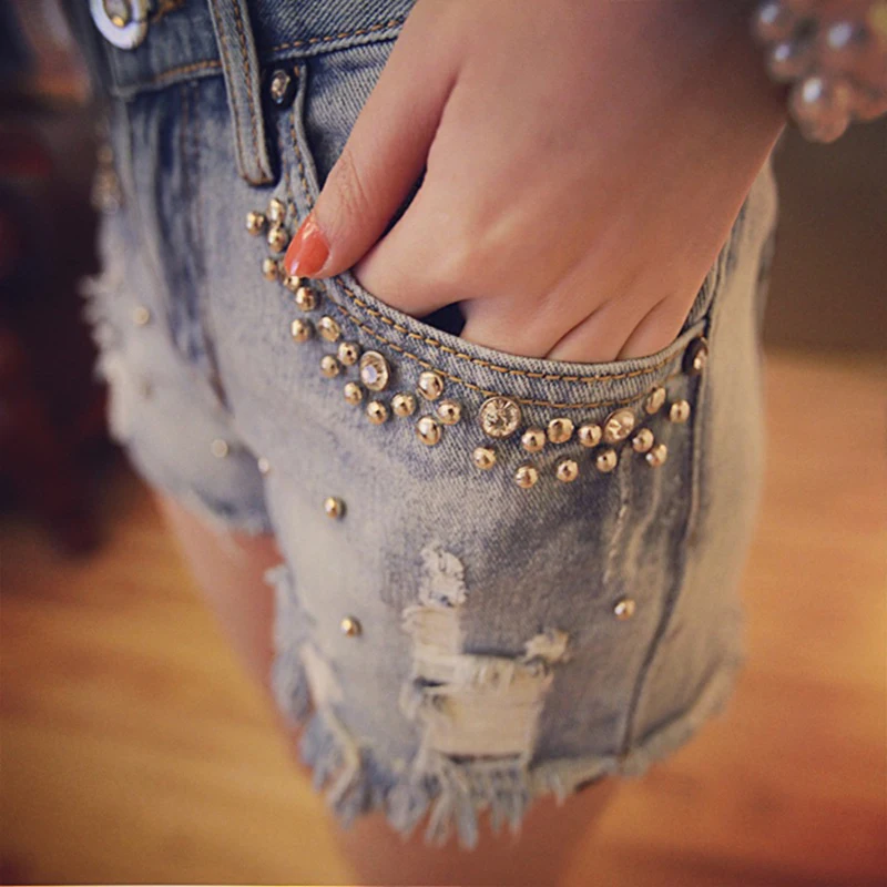 Женские джинсовые шорты с бисером из денима в стиле девушки леса лето 2019 |