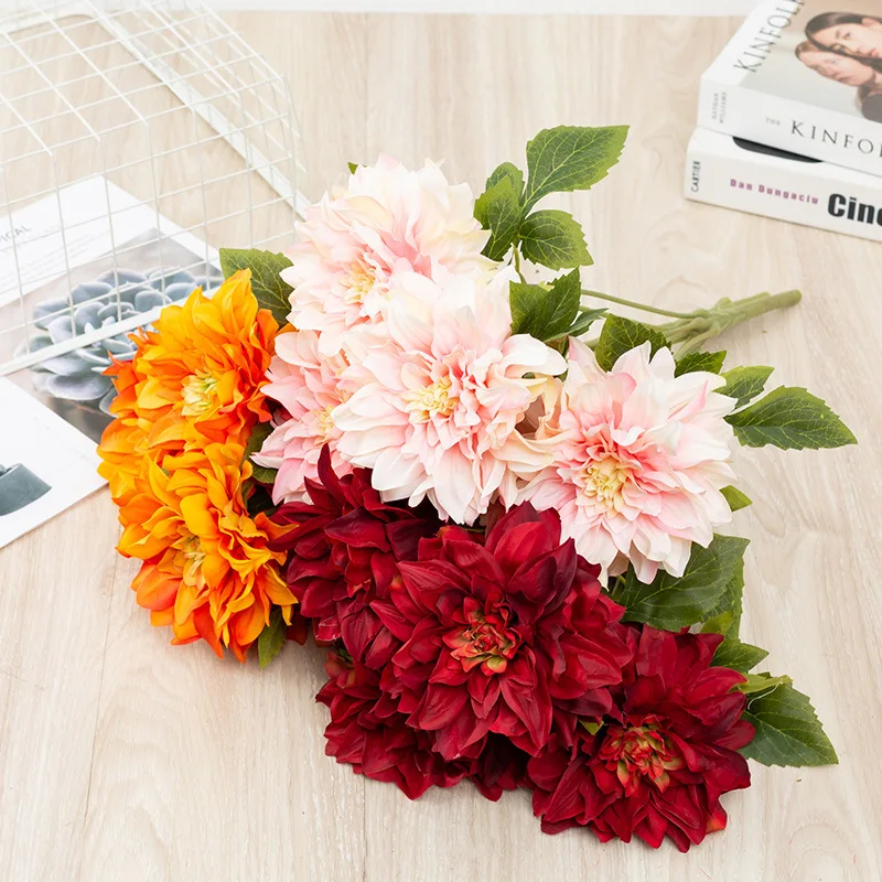 

7 Heads Burgundy Artificial Flower Silk Dahlia For Wedding Event Decor