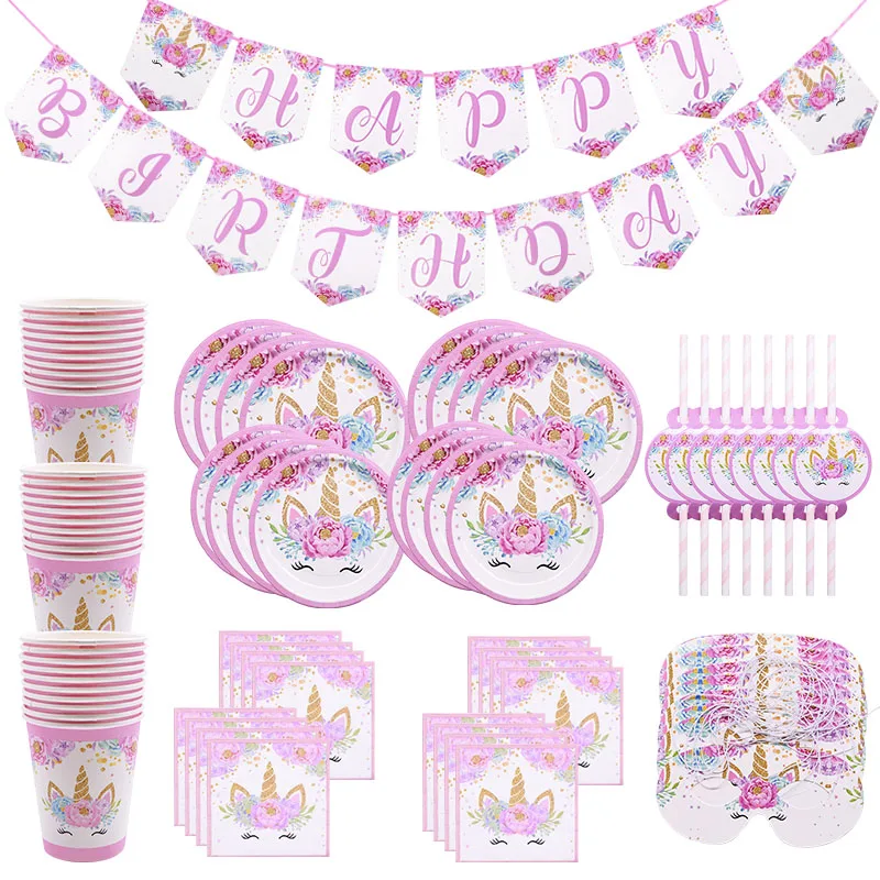

Unicorn Party Supplies Disposable Party Tableware Kit Pink Unicorn Party Cake Topper Paper Cup Plate Banner Baby Shower Decor
