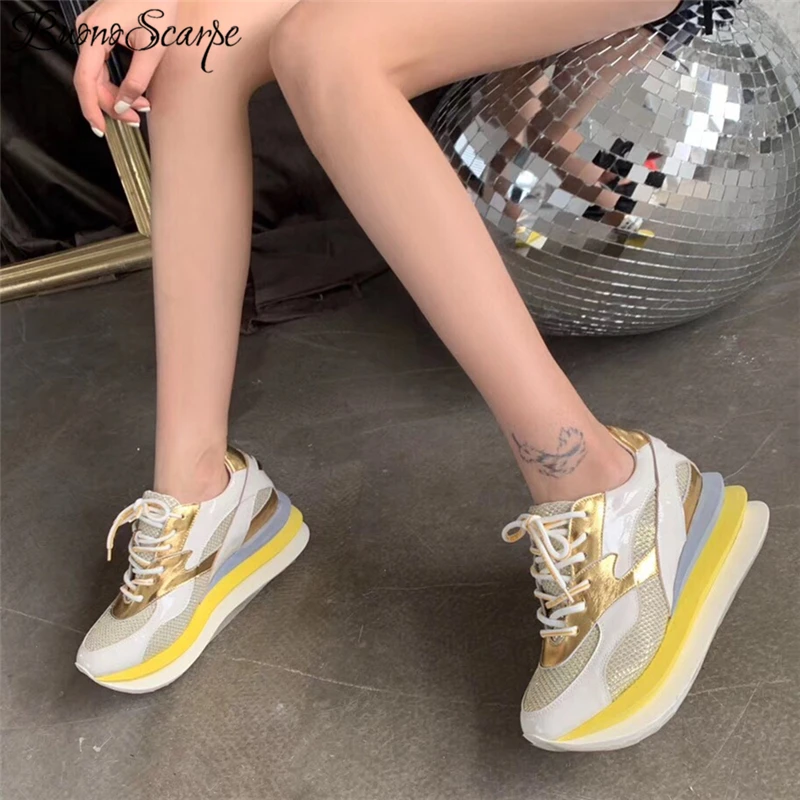 

Street Fashion Sneakers For Women Celebs Style Mesh Patchwork Lace Up Trainers Women 6.5cm High Platform Multi Pink Chunky Heel