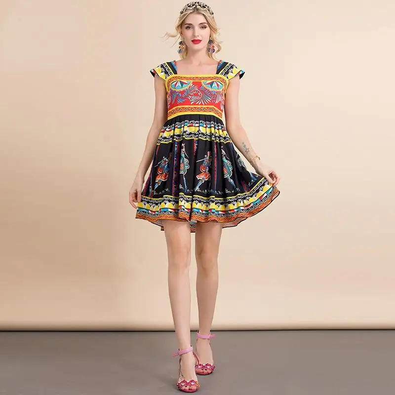 

New 2021 Fashion Designer Summer Short Spaghetti Strap Dress Women's Sleeveless Vintage Printed Party Mini Dress