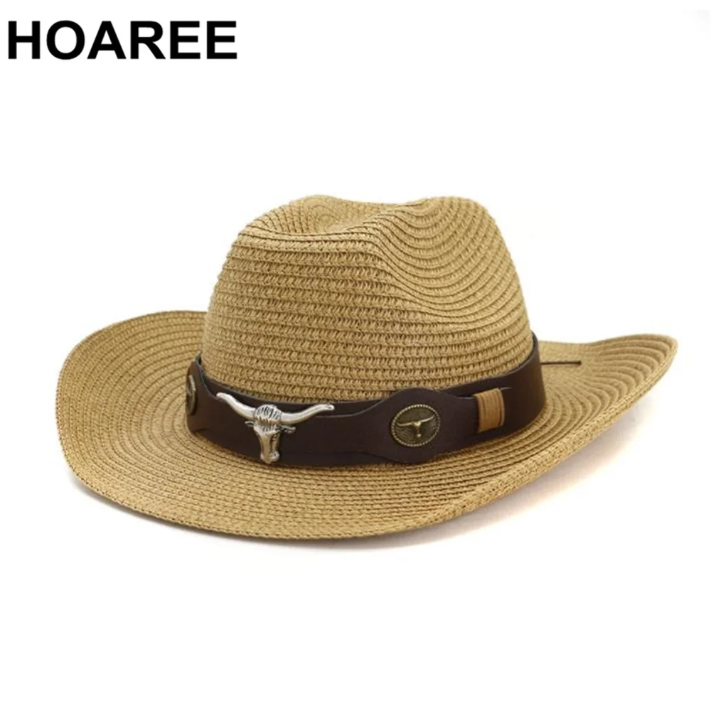 

HOAREE Men Hat Cowboy Western Straw Panama Hat Belt Cow Decorate Wide Brimmed Hats For Summer Khaki Male Hat 2021 New Arrival