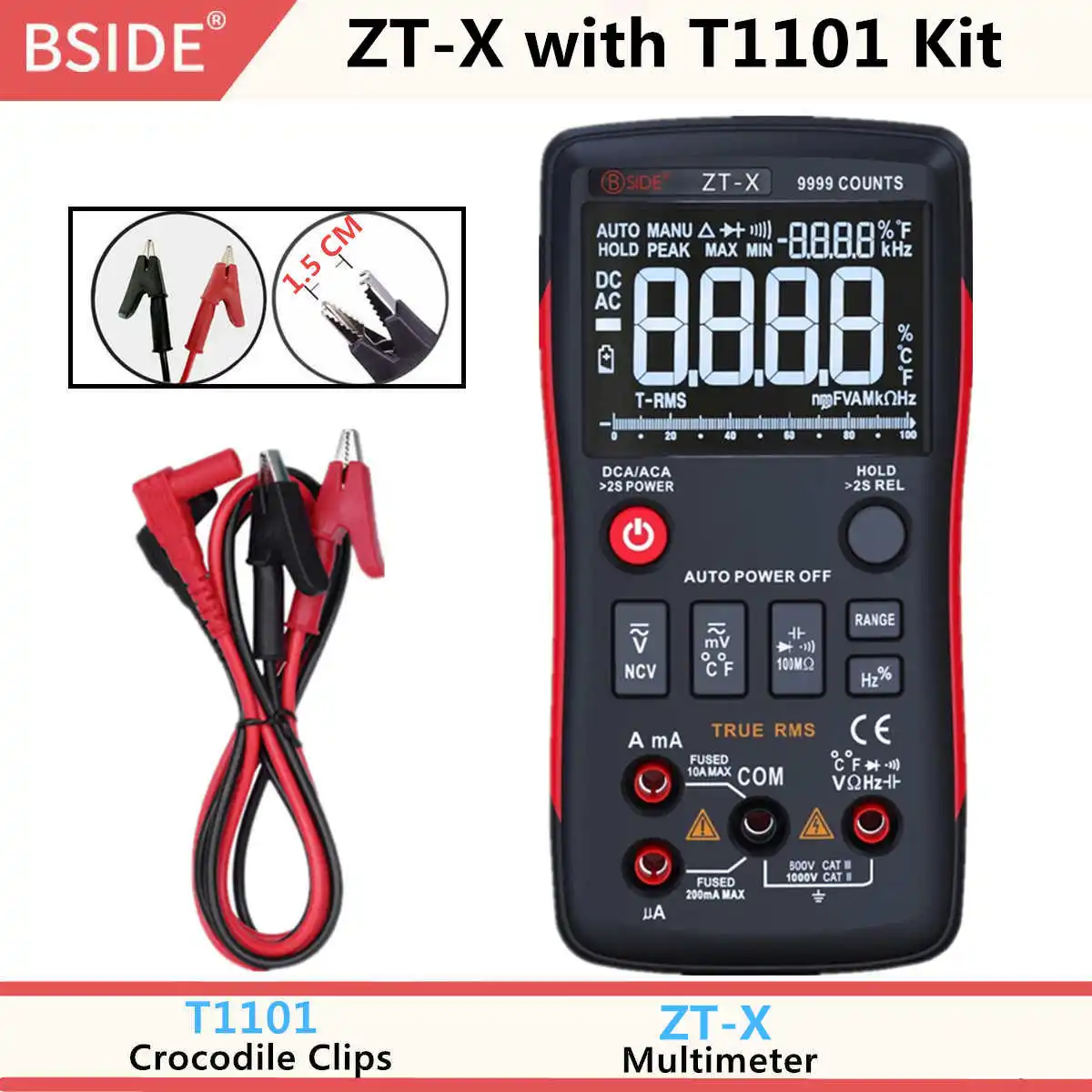 ZT-X with T1101 Kit BSIDE ZT-X True RMS цифровой мультиметр 3-линейный тройной дисплей 9999 отсчетов AC/DC напряжение Температура Емкость Тестер DMM - Цвет: ZT-X with T1101 Kit
