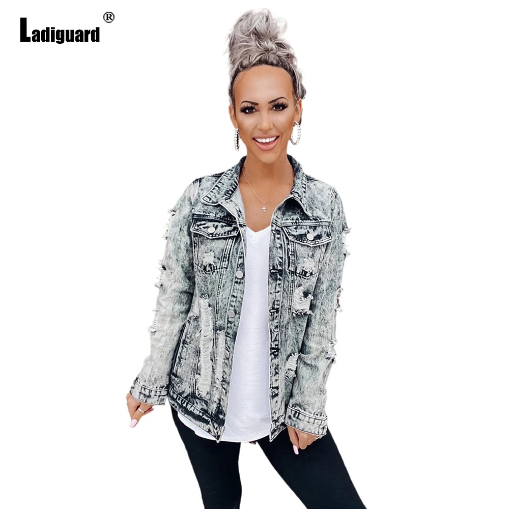 

Ladiguard 2021 Autumn Retro Denim Jackets Lepal Collar Top Outerwear Sexy Fashion Ripped Street Jacket Boyfriend Mom Jean Coats