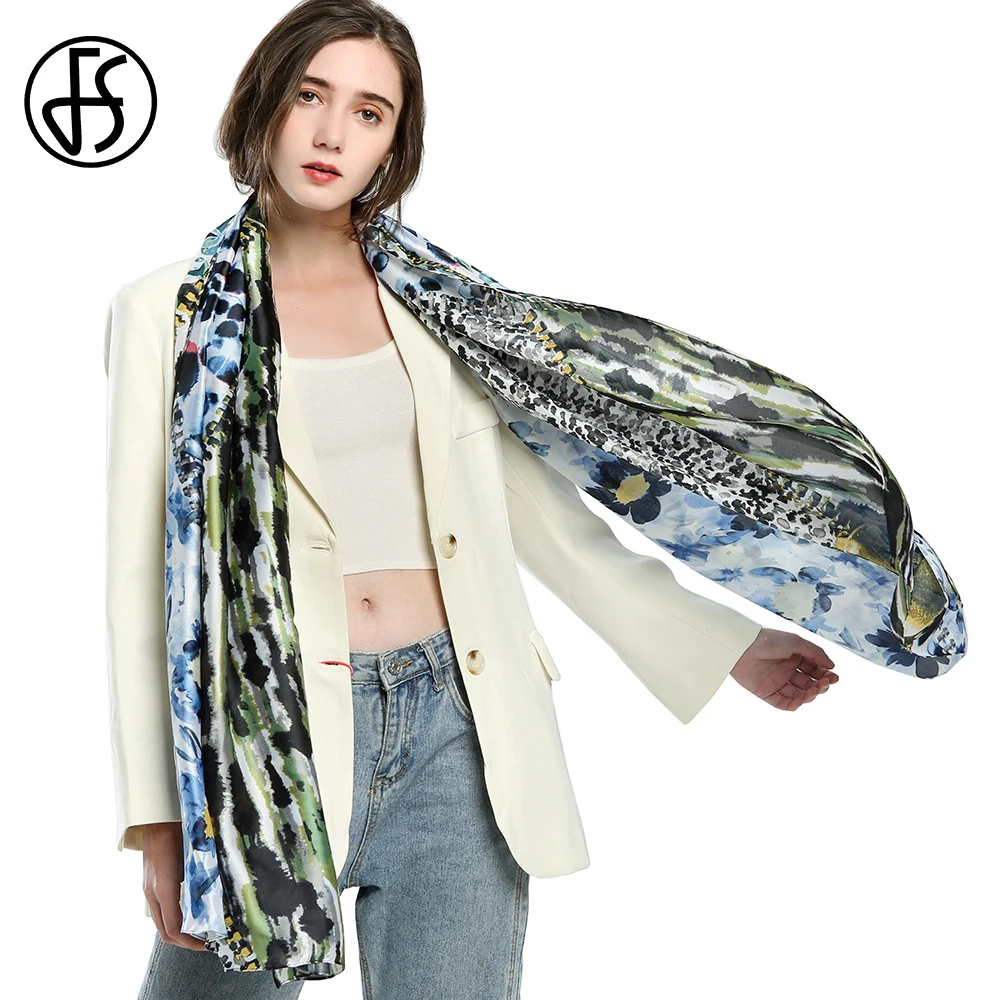

FS 2021 Autumn Winter Warm Elegant Silk Scarf For Women Blue Green Luxury Zipper Printing Stitching Satin Hijab Brach Foulard