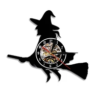 witch on broomstick silhouette wall clock modern vinyl record silent quartz clocks flying wtich art wall halloween gift