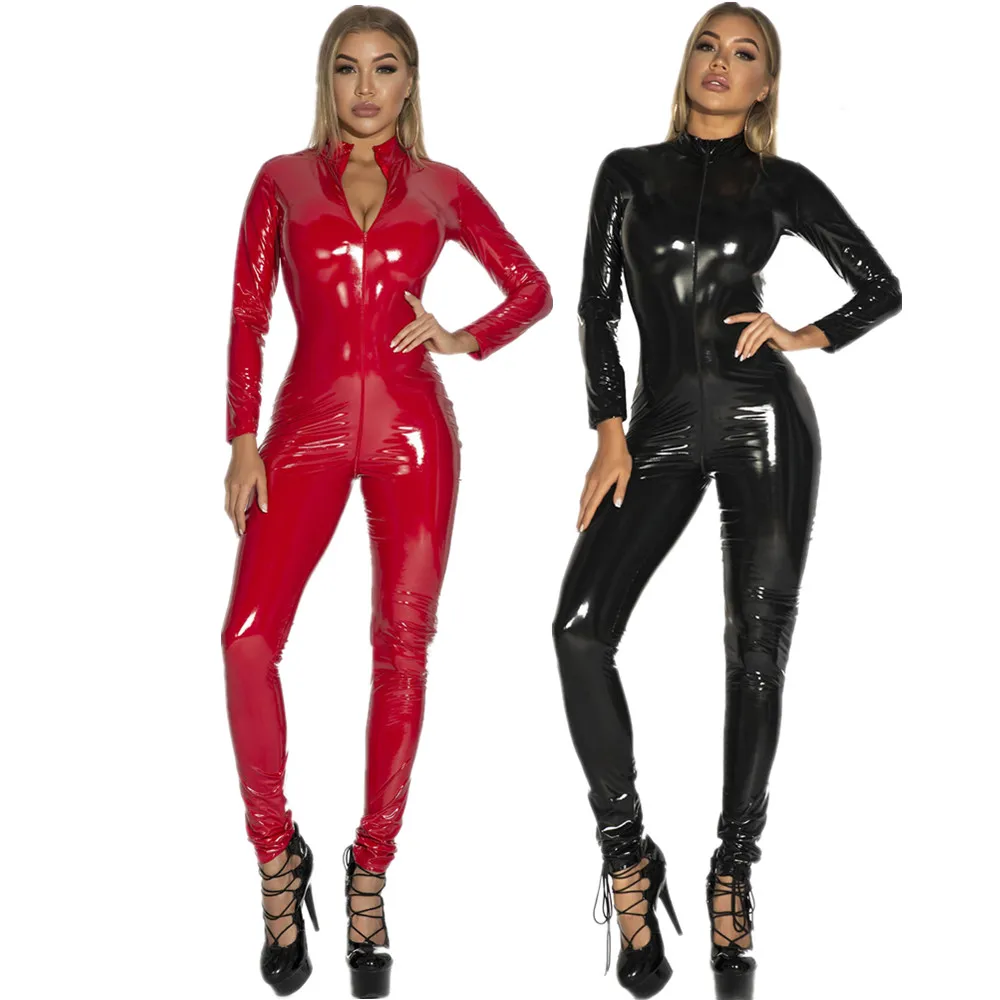 

S-5XL Женская Двойная застежка-молния с открытым шаговым швом из искусственной кожи Комбинезоны сексуальные лосины стрейч латексный боди костюм Одежда для ночного клуба, для танцев
