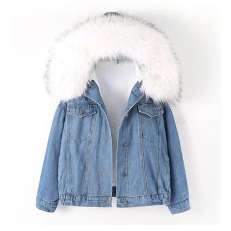 

Women's Winter Hardy Warm Denim Coats Jackets Female Fur Trim Hood Cotton Liner Casual Jackets Harajuku Loose Outerwear