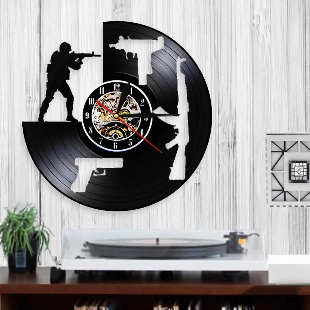 Пистолет для стрельбы дизайн граммофон виниловая запись настенные часы оружие