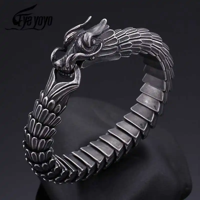 

EyeYoYo 316L Animal Bracelet Black Vintage Punk Dragon Bracelet For Men Stainless Steel Fashion Jewelry Hippop Street Culture