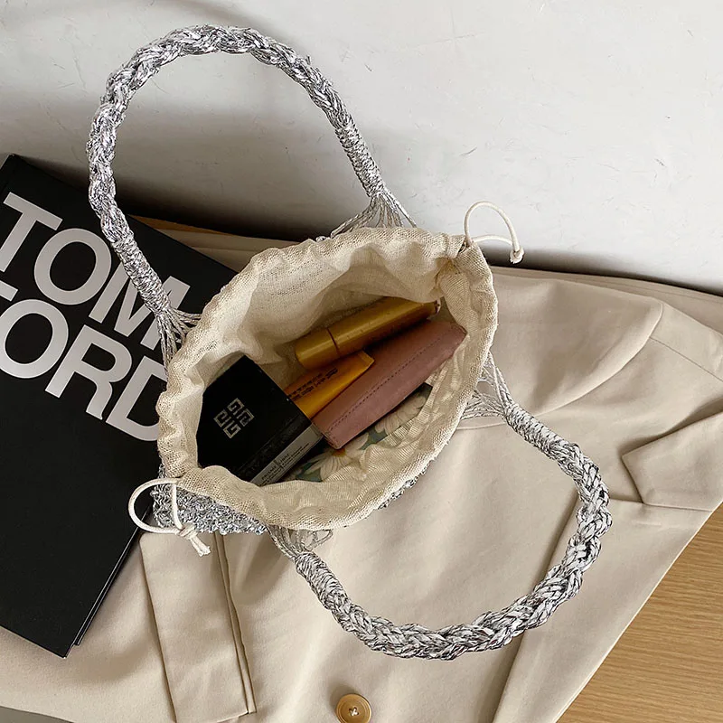 

Female Pure Color Hollow Beach Holiday Small Tote Bag Women Casual Retro Summer Nets Shape Bag New Luxury Elegant Handbags Bolsa