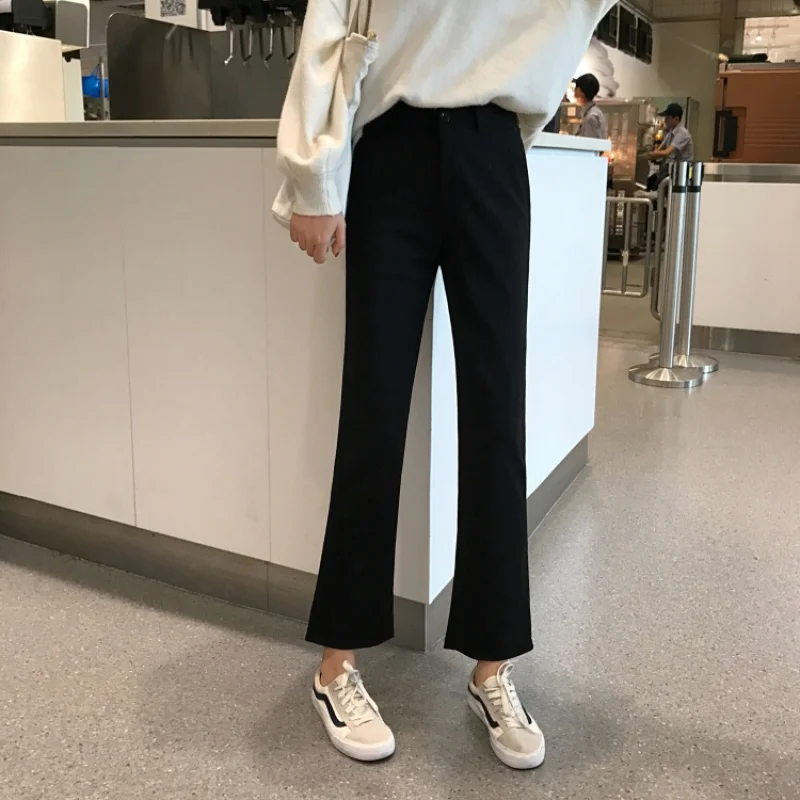 

ZHOUTAYLOR Woman Bottoms Pockets Fashion Ankle-Length Toursers Female Office Lady Button High Waister Fly Flare Pants Femme