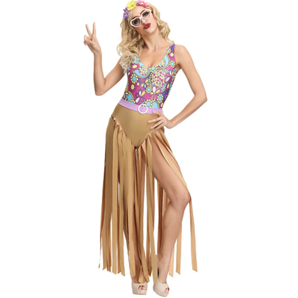 

Women's Peace Love Hippie Costume Halloween Party 60s 70s Hippie Stage Wear Costume Indian Tassels Hippie Performance Suit