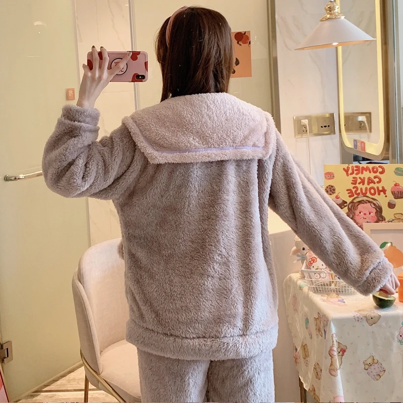 

Winter Flannel Pajamas Set Women's Sleepwear Long Sleeve Pyjamas Warm Girl Plus Velvet Cute Homewear Thick Home Suit