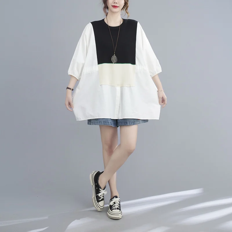 

BIG SIZE Summer Women Fashion Elegant Color Block Tops Ladies Female Plus Large Short Sleeve Drawstring Cotton Loose T shirt