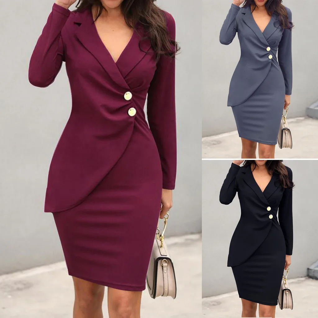 

Autumn Dress 2021 NEW For Women Office Lady Plus Size Sexy Solid Turn Down Neck Long Sleeve Buttons Bodycon Work Formal Dress
