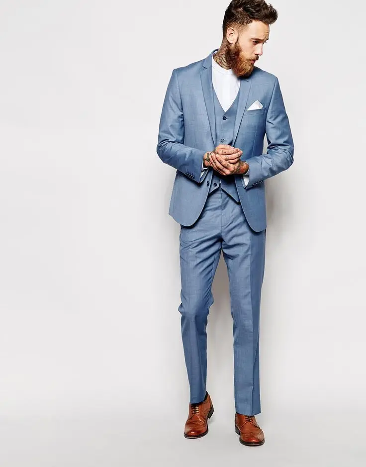 

Sky Bule Notch Lapel Men Suits Custome Made Fashion Tuxedos Latest Coat Pant Design Blazer Men (Jacket+Pant+Vest+Handkerchiefs)