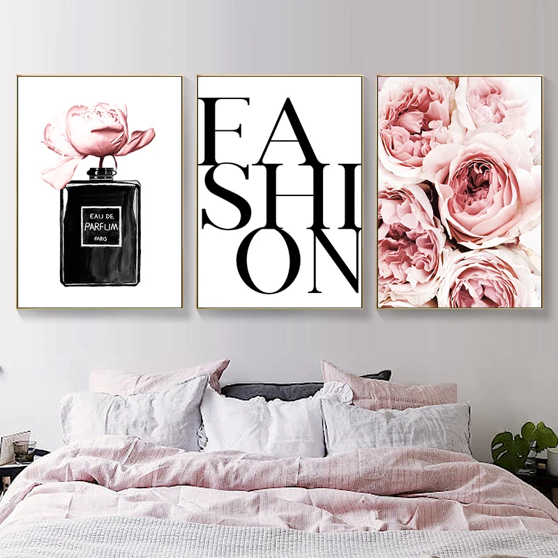 

Fashion Wall Art Canvas Pictures Perfume Bottle Art Print Posters Flowers Peony Vogue Wall Painting For Girls' Room Decor