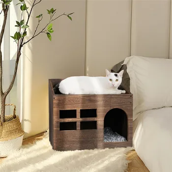 “Durable Wooden Cat Cave Bed with Cushion Pad