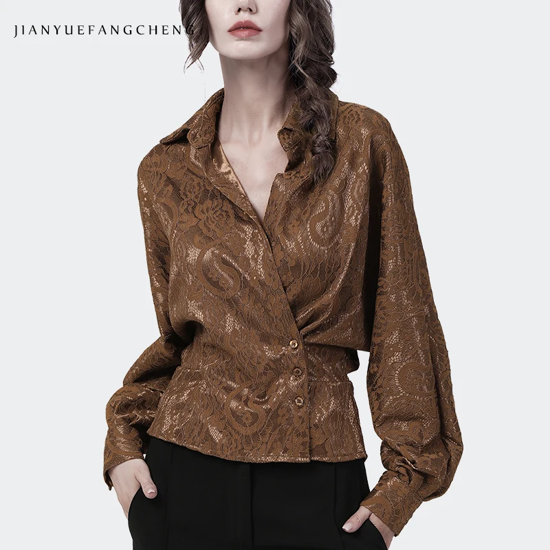 Bat Sleeved Women Satin Shirt With Hool Flower Lace Fabric 2021 Autumn new Fashion Elegant Office Ladies Chic Long Sleeve Tops