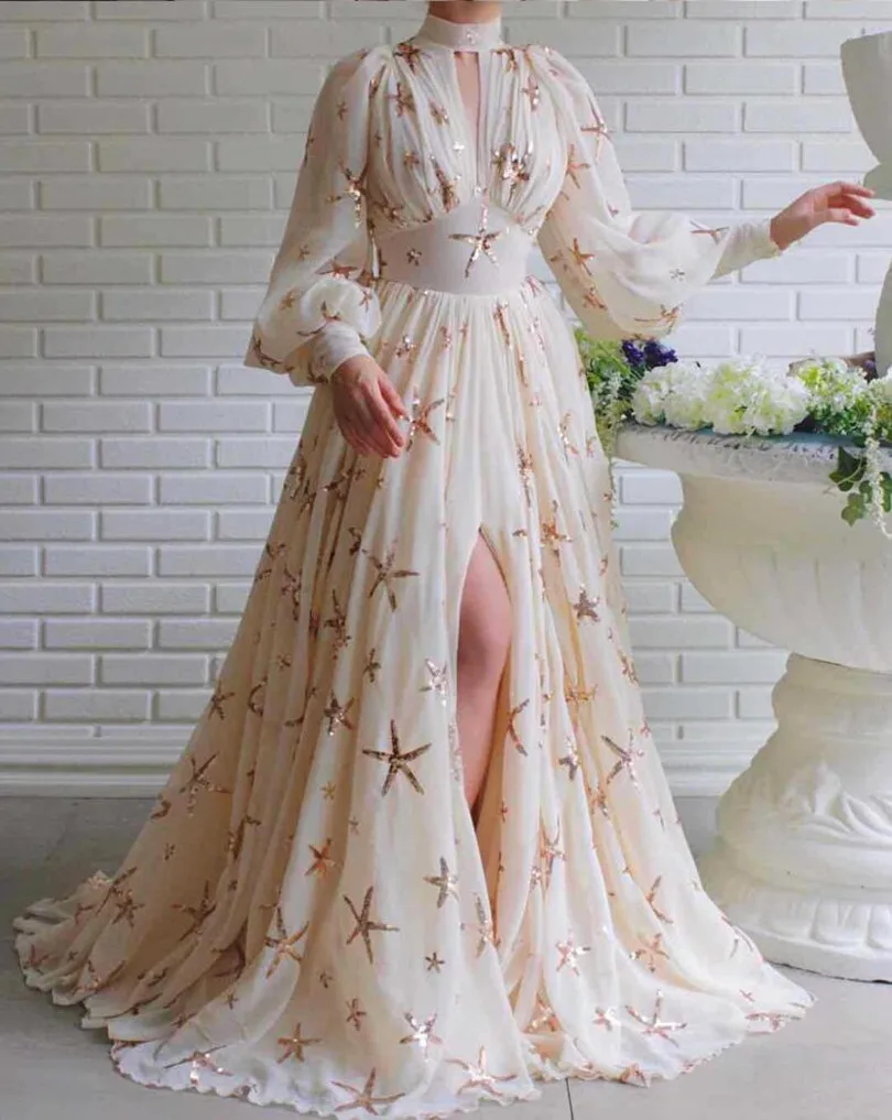 

Women Turtleneck High Slit Maxi Dress Elegant Sequined Detail Tunic Dress Classy Evening Party Formal Long Dress