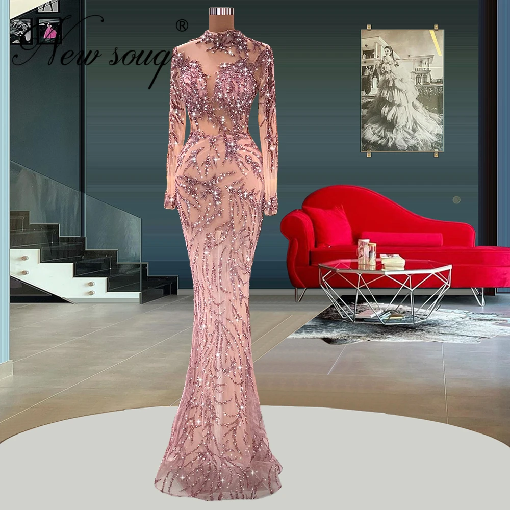 

Sparkly Pink Beads Celebrity Party Dress Couture Long Pink Evening Wear Gowns 2022 Arabic Dubai Prom Dresses Robes De Soiree
