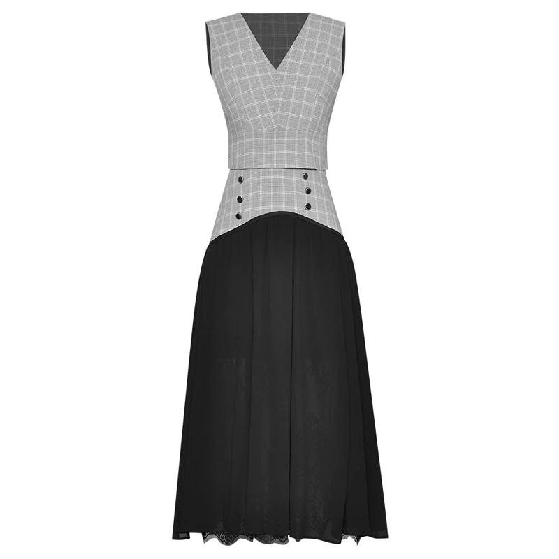 

QUALITY New HIGH Fashion 2021 Runway Suit Set Women's V-Neck Sleeveless Plaid Vest Tank Top + Long Skirt Set