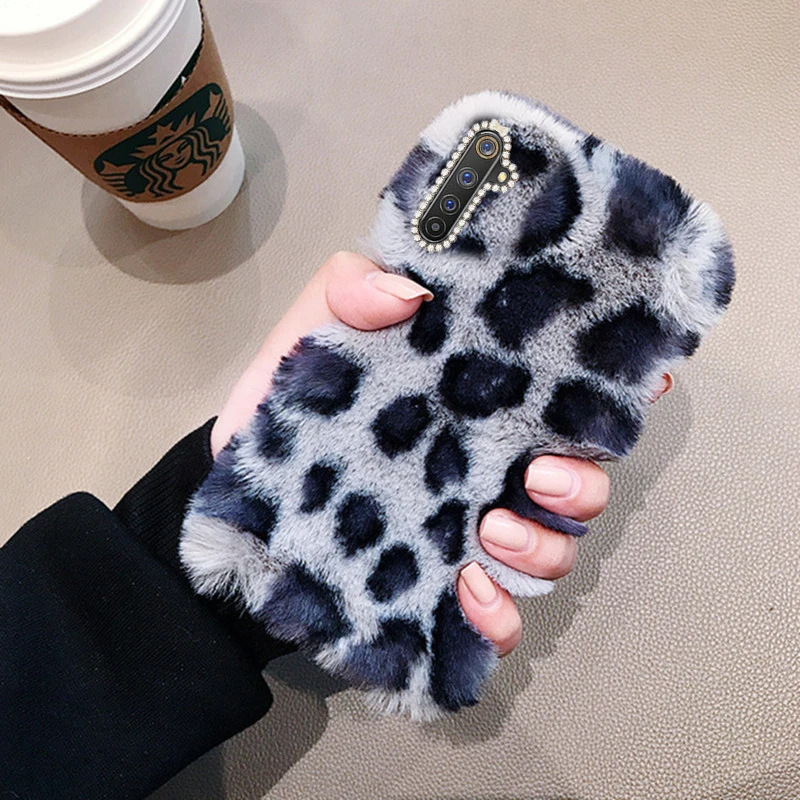 

Realme XT Case Fashion Keep warm Leopard Plush Shiny diamond Soft TPU protection shockproof Back Cover For Realme 6S 5i Case