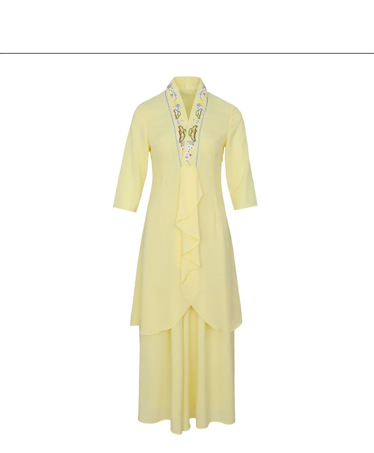 Spring traditional Chinese style retro embroidered cheongsam long top+long wide leg trousers two pieces set suits for women