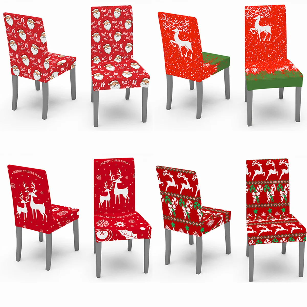 

4/6PCS Christmas Chair Cover Printed Deer and Tree Pattern Elastic Stretch Dining Chairs Slipcover Removable Kitchen Seat Cover