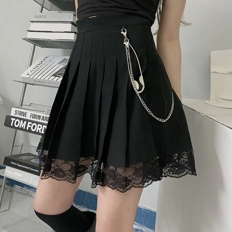 

Women Pleated Skirts Lace Patchwork Sexy Above Knee Harajuku Students Hipster Loose High Waist Cool Girls Females Daily Popular