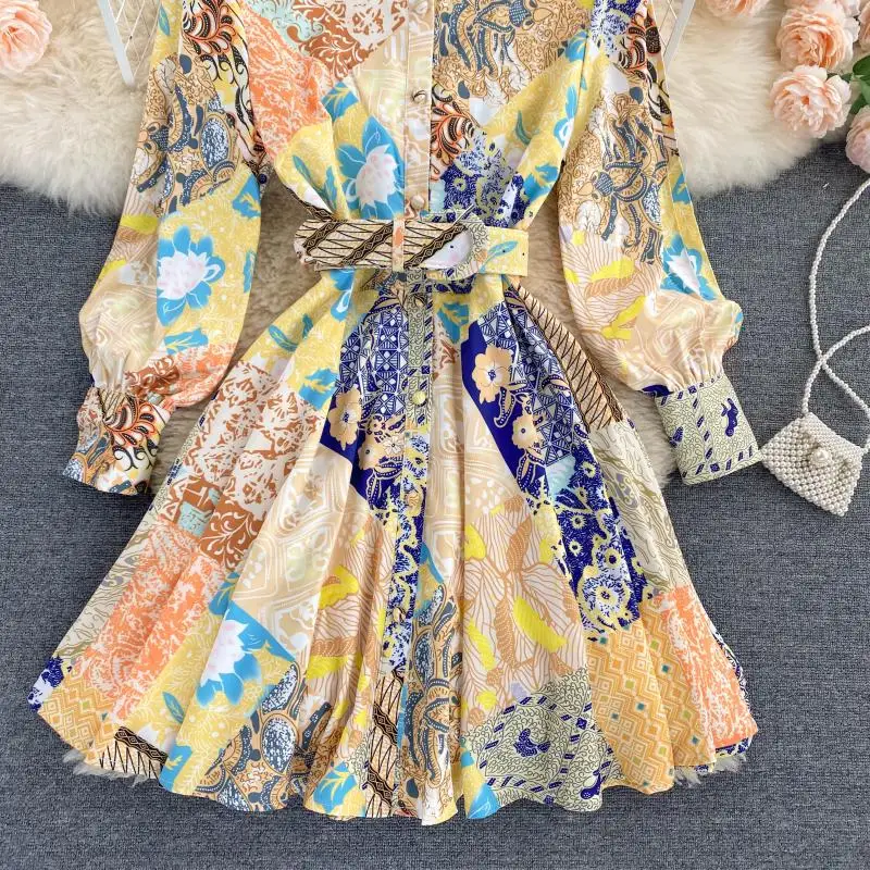 

Women's Dress Autumn New Elegant Stand Collar Sashes Slim Short Retro Printed Court Style Mini Female Vestidos PL540