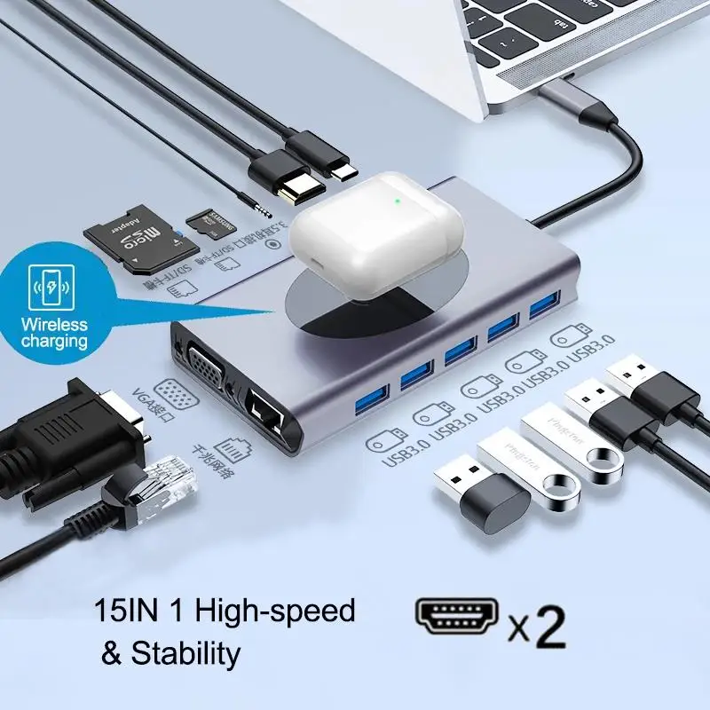 

USB C HUB 3,0 HDMI адаптер SD/TF карта VGA RJ45 1000 м 3,5 мм разъем с беспроводной зарядкой 15 в 1 Type-C для MacBook Pro Air Xiaomi