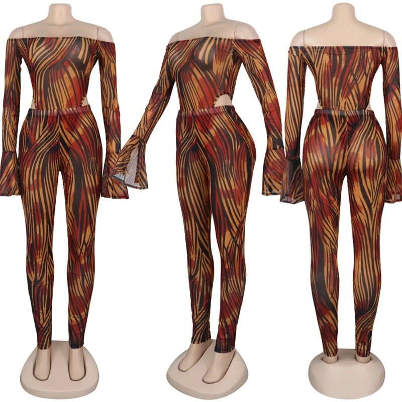 

HAOYUAN Mesh Sheer Leopard Camouflage Two Piece Set Women Festival Clothing Sexy Rompers Top Pant Matching 2 Piece Club Outfits