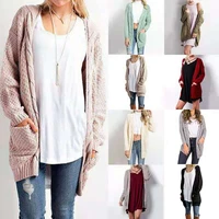 autumn and winter fashion mid length plus size solid color pocket sweater ladies twist knit cardigan